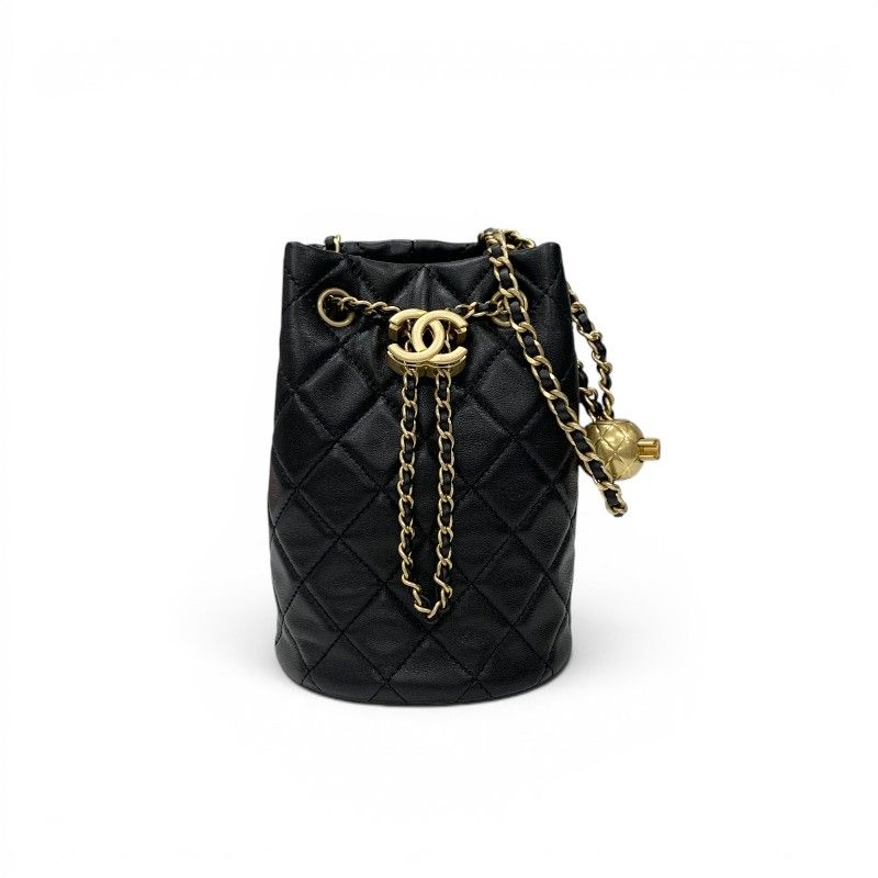 Chanel Shoulder Bag Black Gold CC Logo Chain Back Drawstring