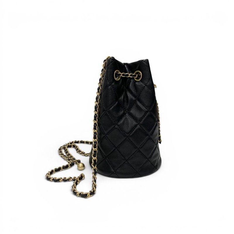 Chanel Shoulder Bag Black Gold CC Logo Chain Back Drawstring — view 2