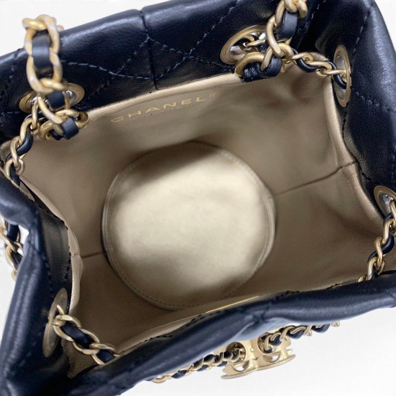 Chanel Shoulder Bag Black Gold CC Logo Chain Back Drawstring — view 6