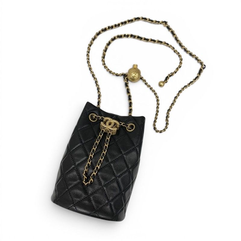 Chanel Shoulder Bag Black Gold CC Logo Chain Back Drawstring — view 5