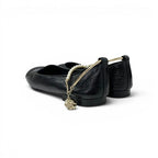 Chanel Flat Shoes Leather Black Gold CC Logo Camellia Processing Pearl Strap — view 4