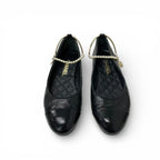Chanel Flat Shoes Leather Black Gold CC Logo Camellia Processing Pearl Strap — view 2