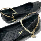 Chanel Flat Shoes Leather Black Gold CC Logo Camellia Processing Pearl Strap — view 9
