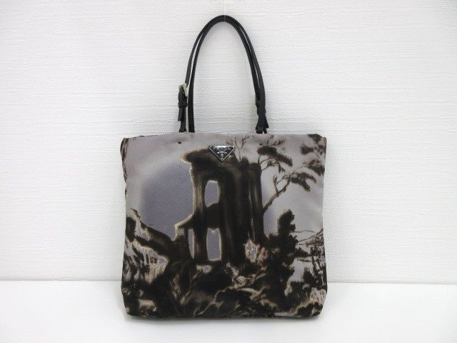 Prada Mini Tote Gray Brown Landscape Painting Nylon Leather