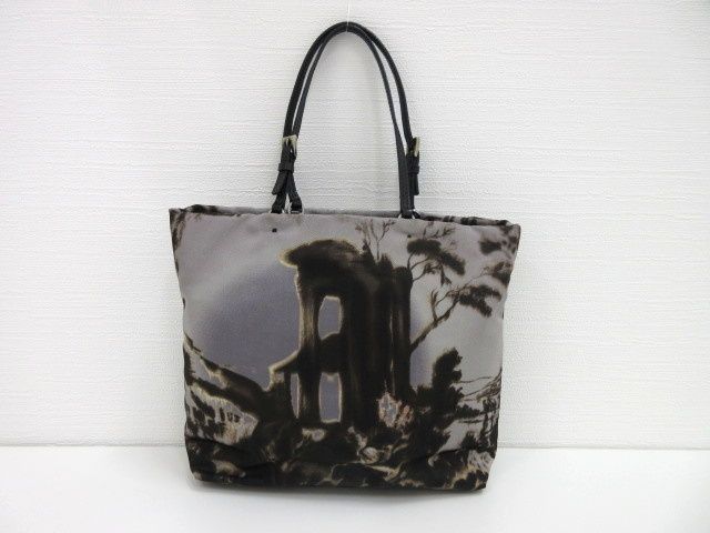 Prada Mini Tote Gray Brown Landscape Painting Nylon Leather — view 2