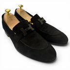 Hermes Moccasins Paris Suede Leather Logo Loafers Flat Shoes Black — view 2