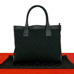 Gucci GG Pattern Canvas Leather Tote Boston Bag Black