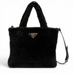 Prada Triangle Logo 2-Way Shearling Fur Shoulder Bag Black