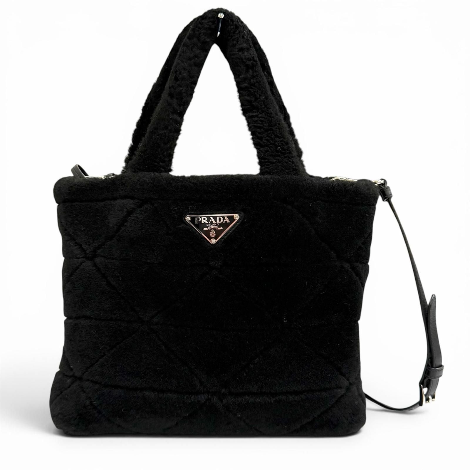 Prada Triangle Logo 2-Way Shearling Fur Shoulder Bag Black