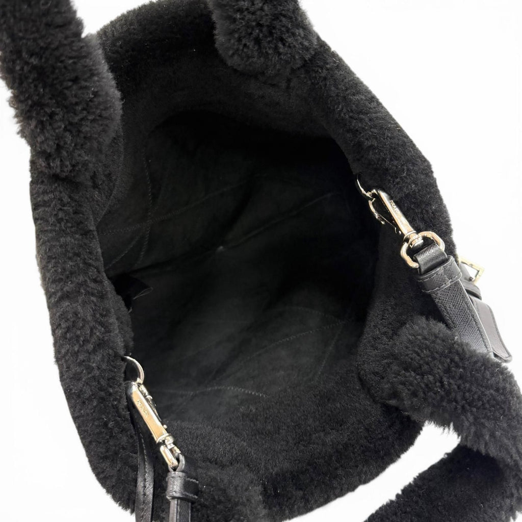Prada Triangle Logo 2-Way Shearling Fur Shoulder Bag Black — view 5