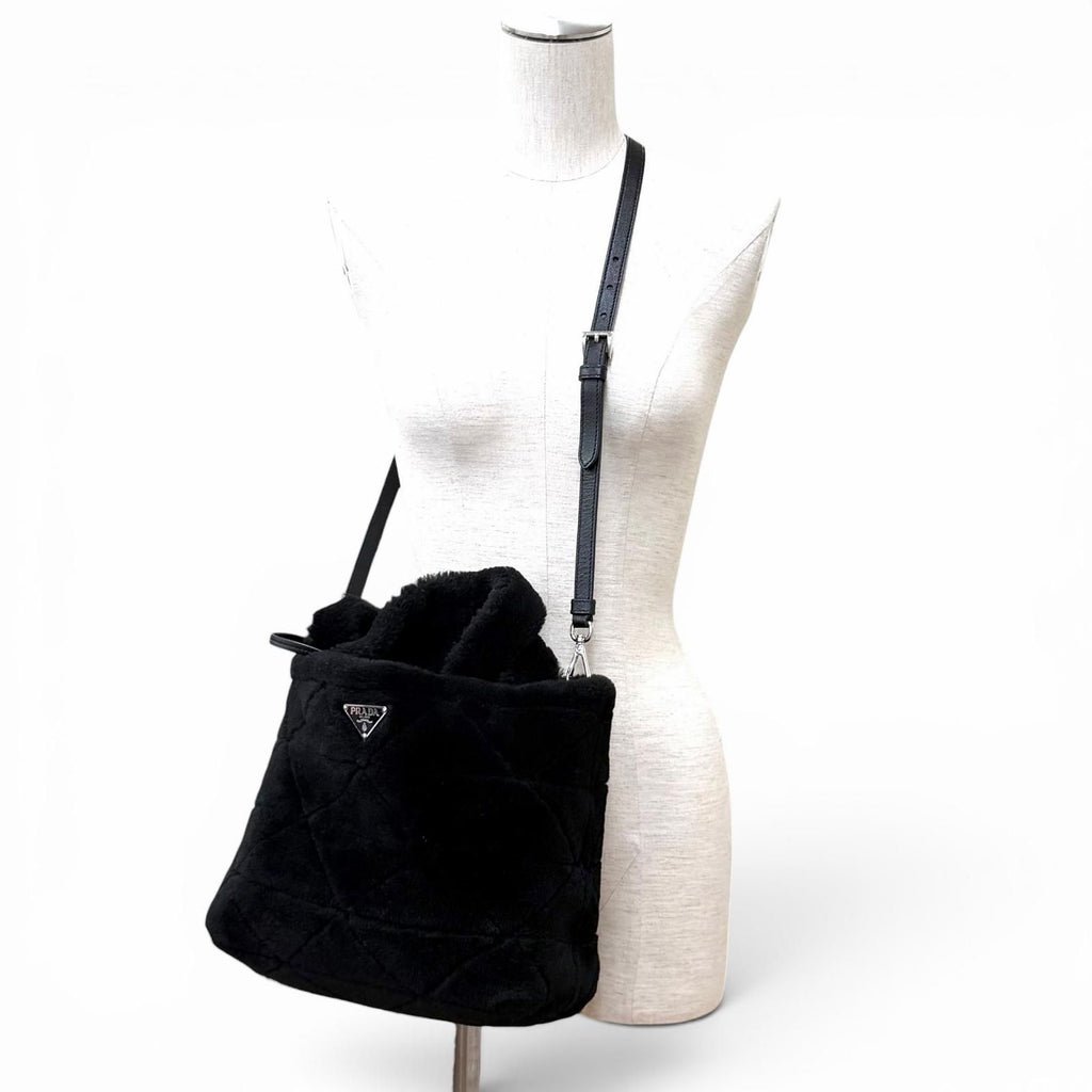 Prada Triangle Logo 2-Way Shearling Fur Shoulder Bag Black — view 6