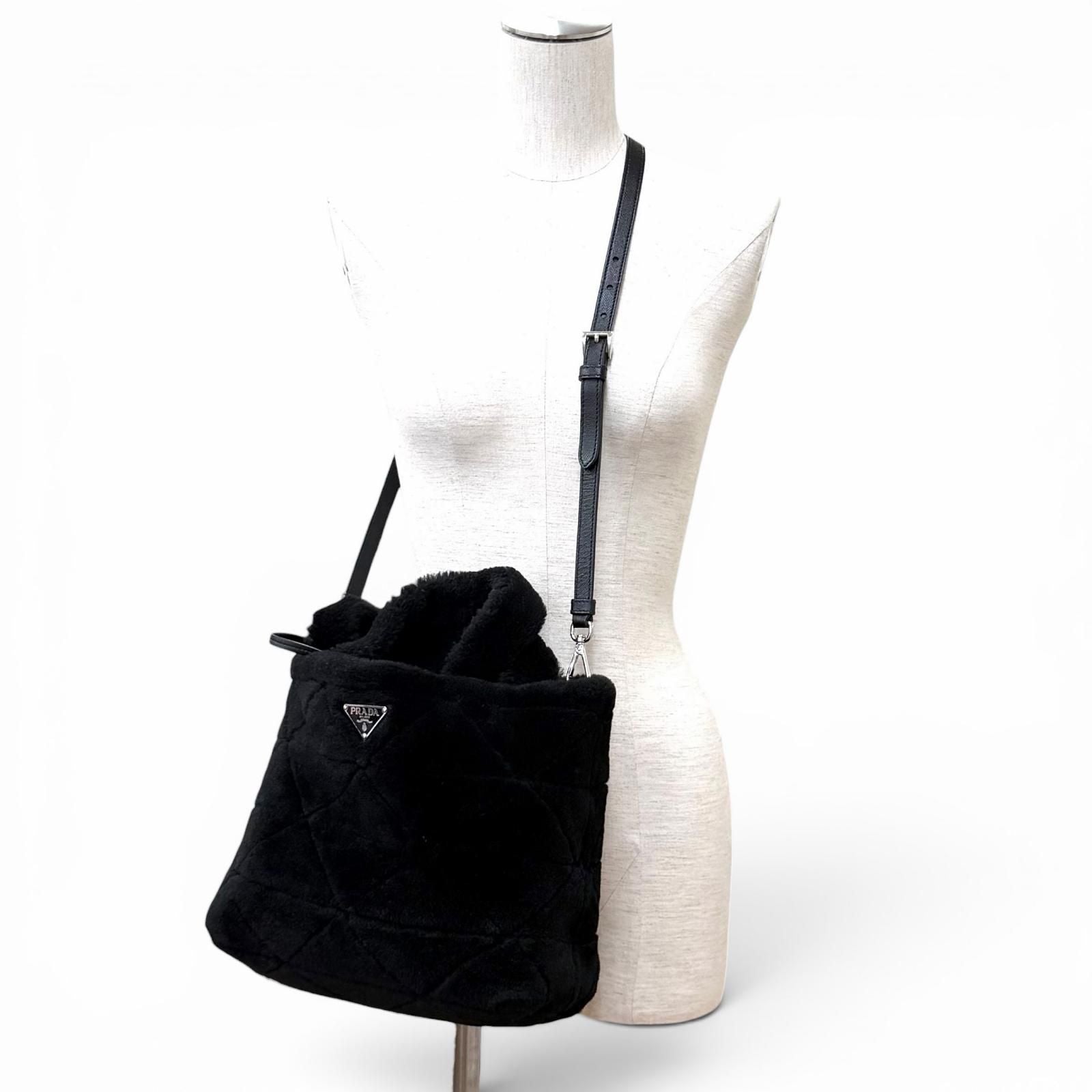 Prada Triangle Logo 2-Way Shearling Fur Shoulder Bag Black — view 6