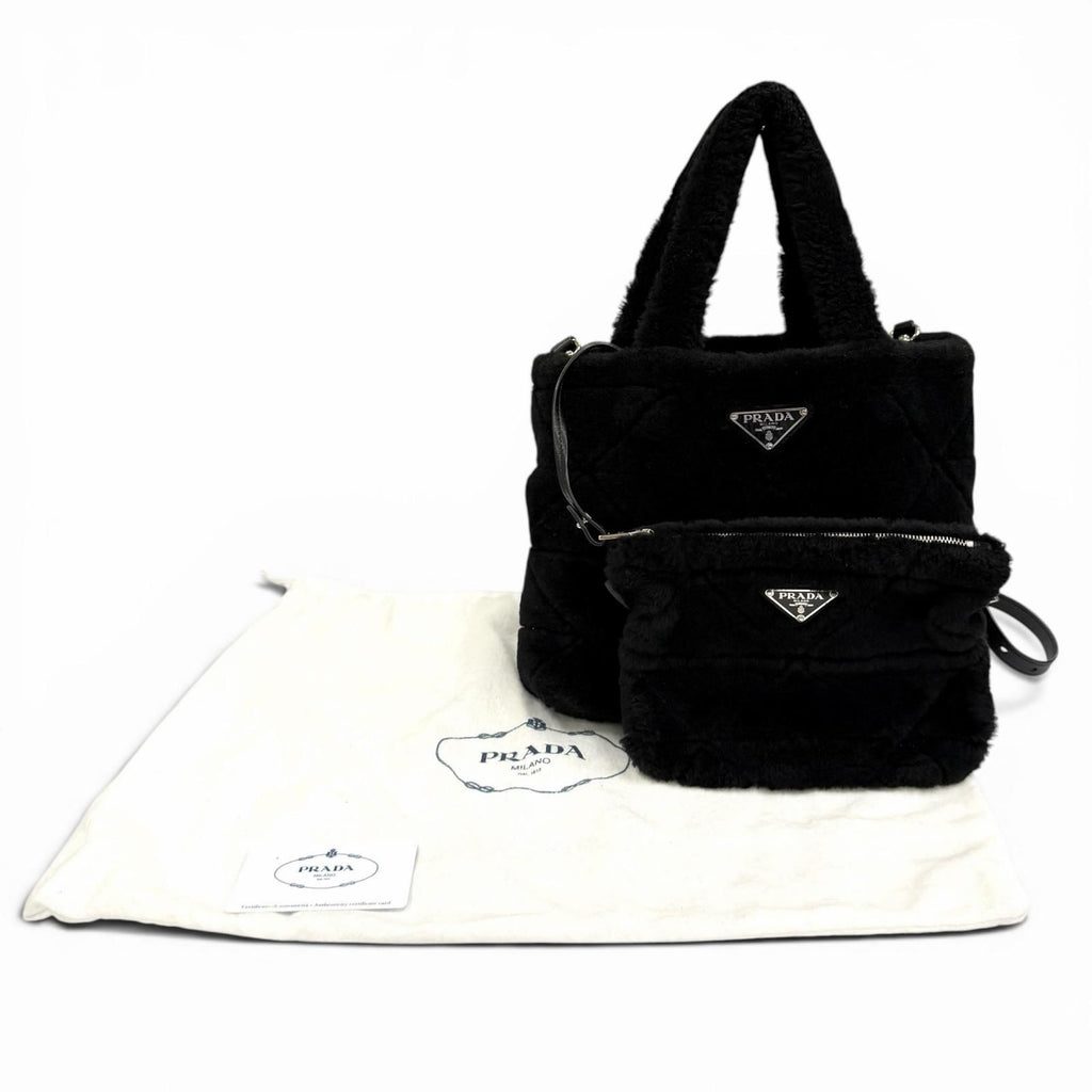 Prada Triangle Logo 2-Way Shearling Fur Shoulder Bag Black — view 2