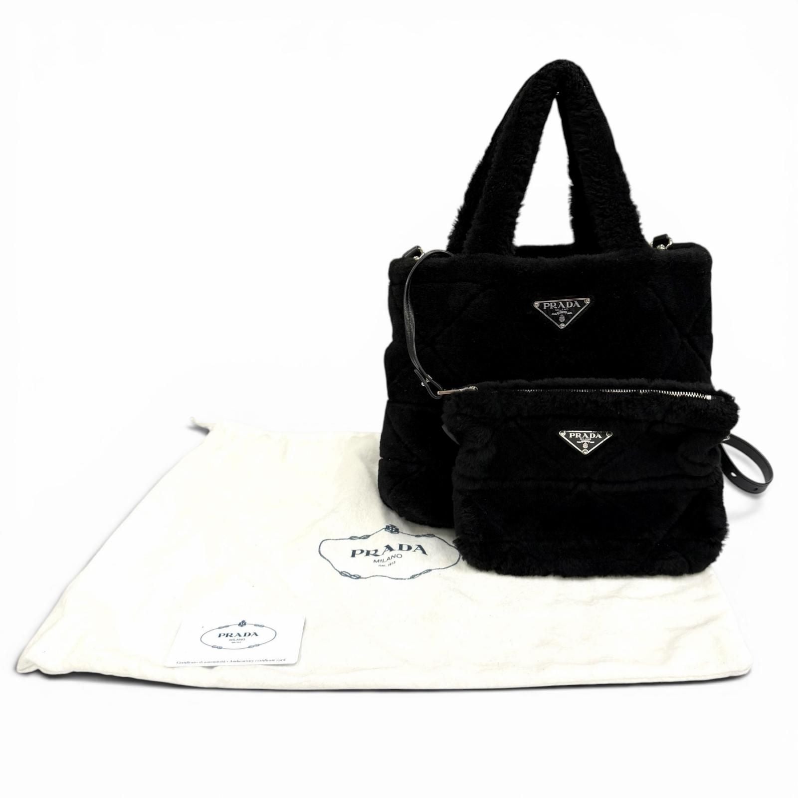 Prada Triangle Logo 2-Way Shearling Fur Shoulder Bag Black — view 2