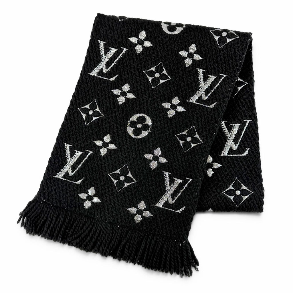 Louis Vuitton Echarpe Logo Mania Shine Wool Silk Scarf Black