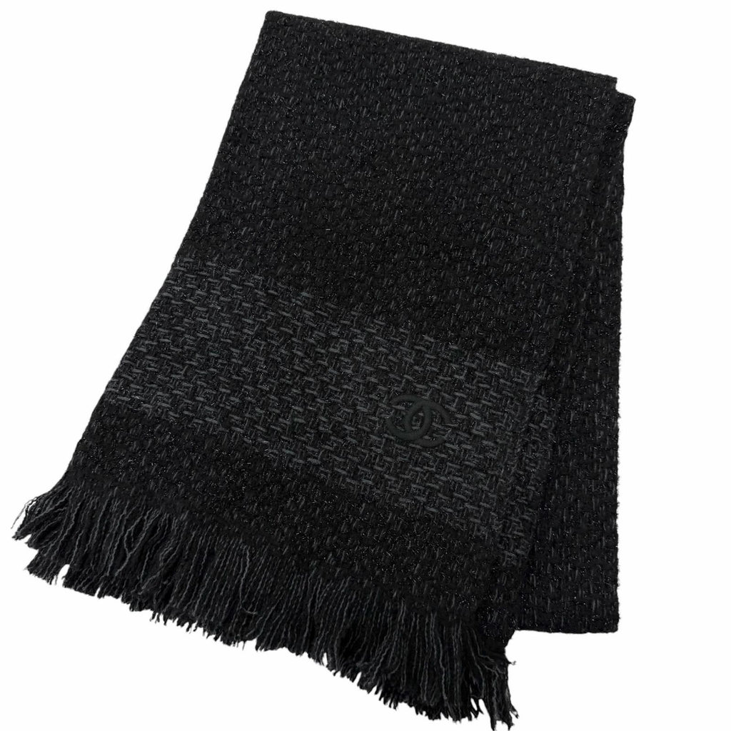 Chanel Cashmere 80% CC Logo Embroidery Large Shawl Scarf Black Light Blue