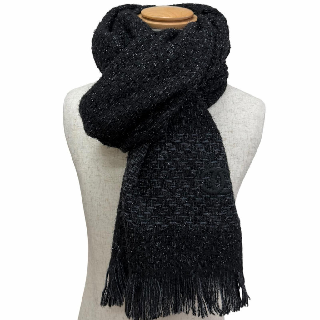Chanel Cashmere 80% CC Logo Embroidery Large Shawl Scarf Black Light Blue — view 2