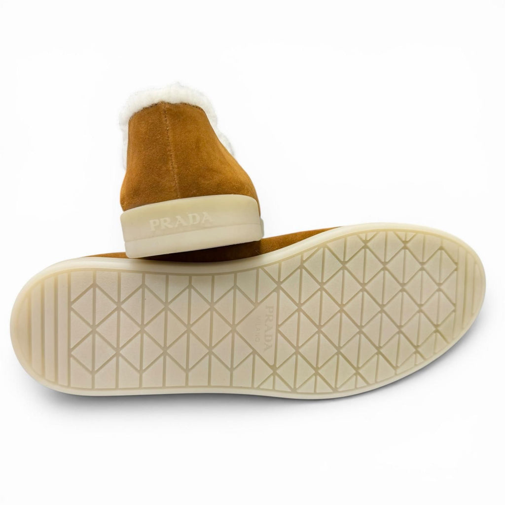 Prada Shearling Triangle Logo Plate Loafers Flat Shoes Brown 7 — view 5