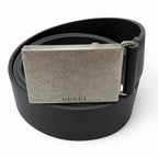 Gucci Logo Buckle Dull Finished Leather Belt Silver Black