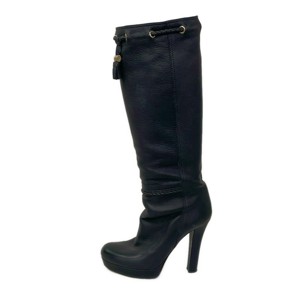Gucci Long Boots 37.5 Black Tassel Leather
