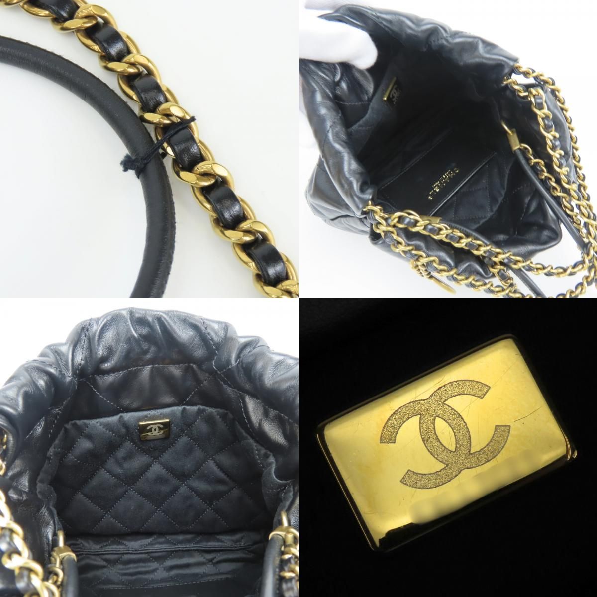 Chanel Shoulder Bag 22 Mini Shiny Calfskin Black Gold Crossbody Plate Chain — view 7