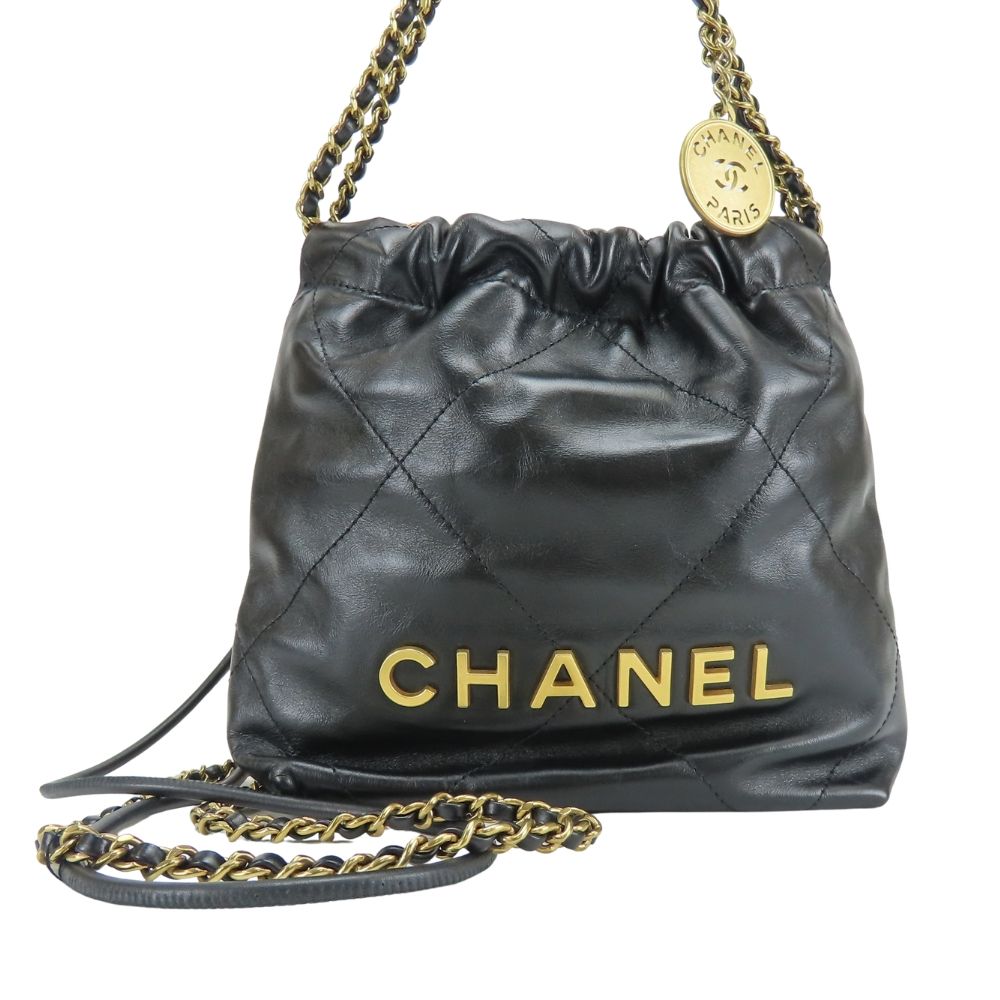 Chanel Shoulder Bag 22 Mini Shiny Calfskin Black Gold Crossbody Plate Chain