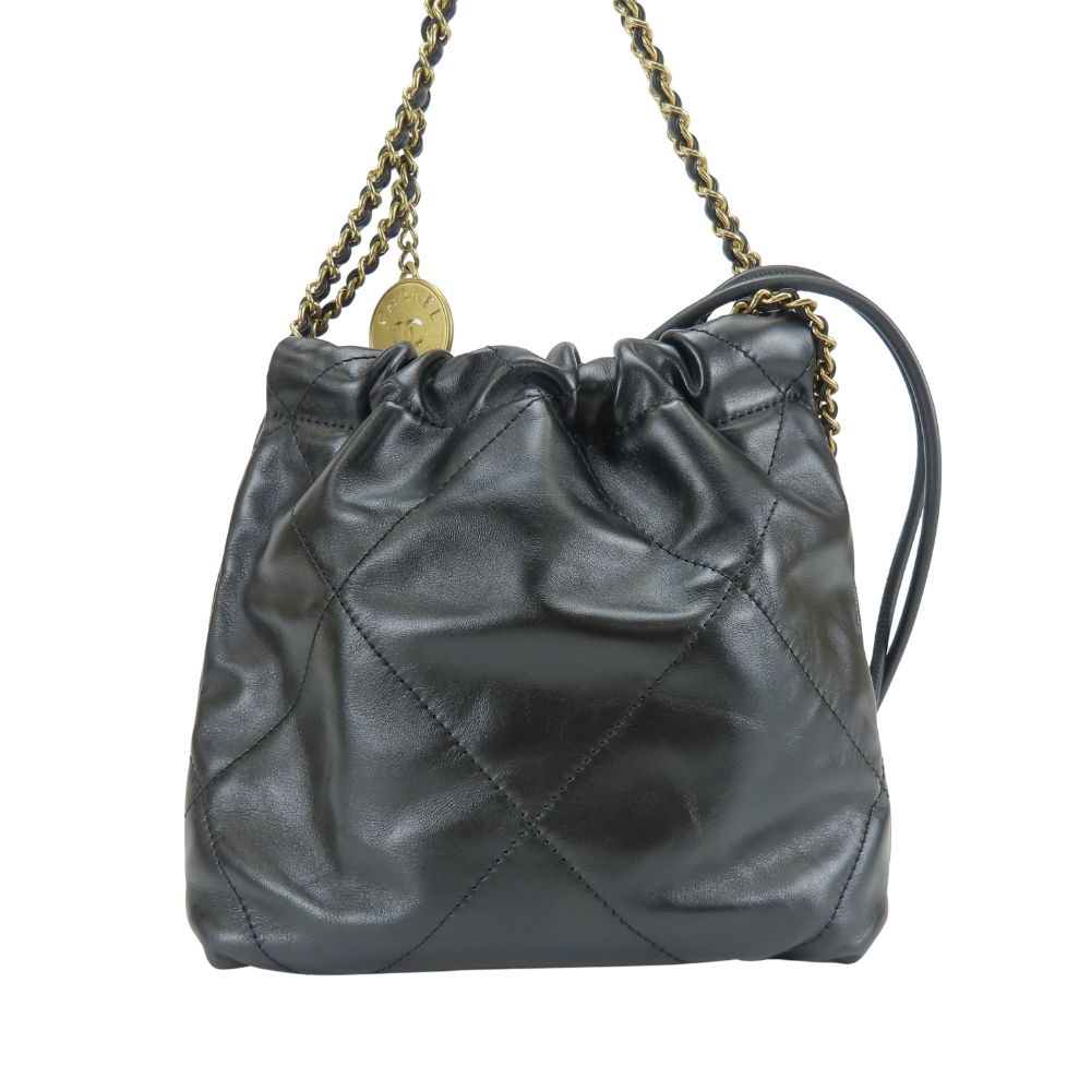 Chanel Shoulder Bag 22 Mini Shiny Calfskin Black Gold Crossbody Plate Chain — view 3