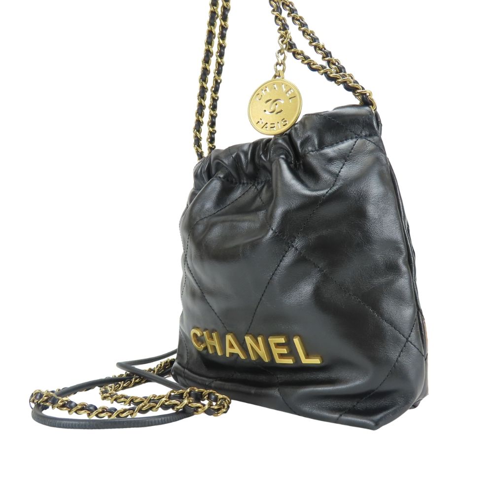 Chanel Shoulder Bag 22 Mini Shiny Calfskin Black Gold Crossbody Plate Chain — view 2