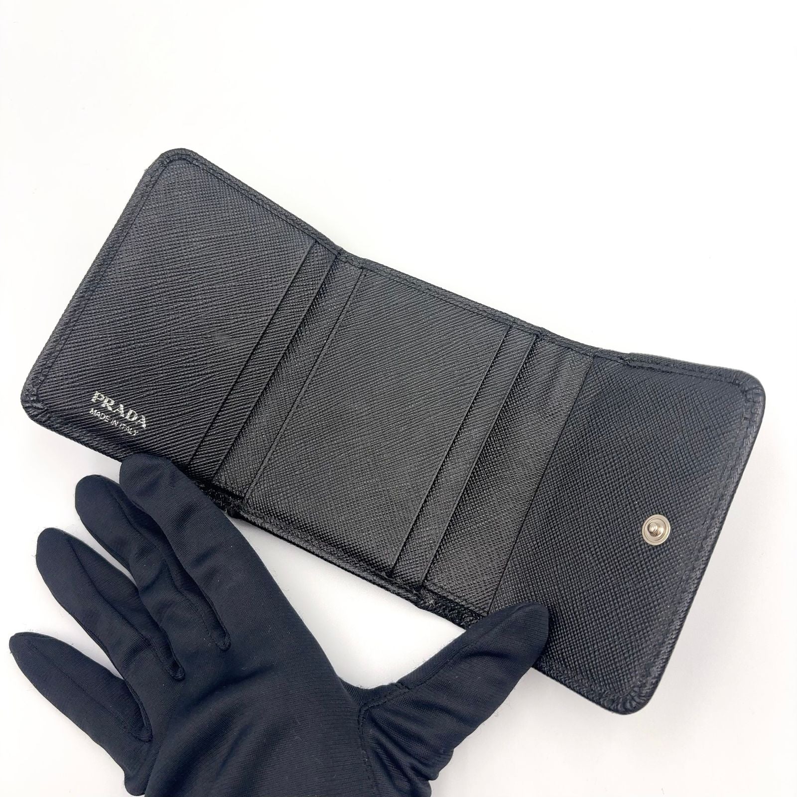 Prada Saffiano Triangle Leather Black Trifold Wallet Silver — view 3