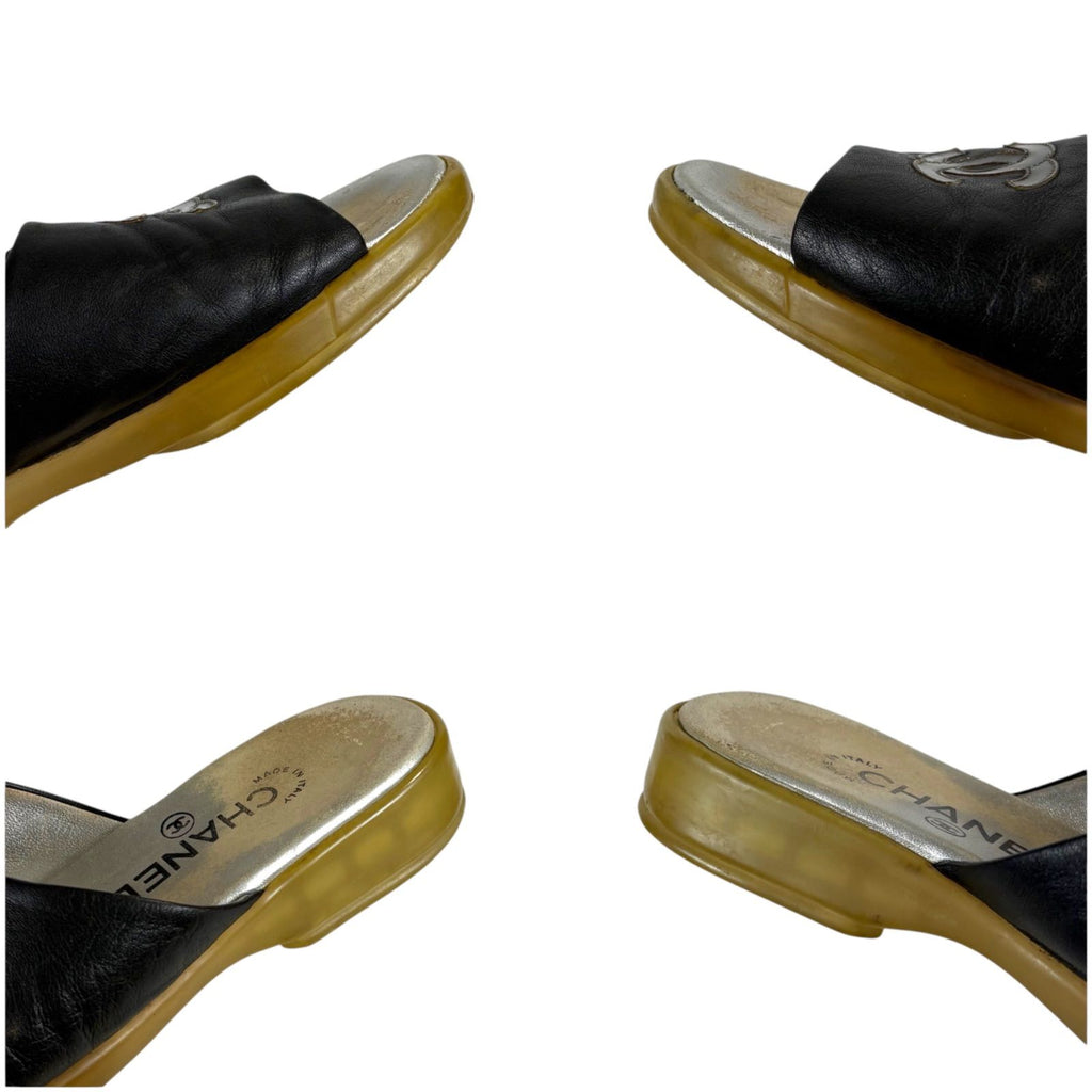 Chanel CC Logo Leather Slide Sandals Black — view 7