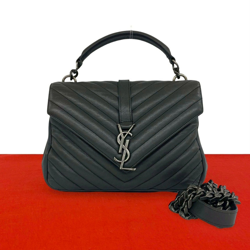 Saint Laurent Paris Carre YSL Logo Stitch Leather 2-Way Shoulder Bag Gray