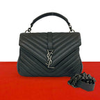 Saint Laurent Paris Carre YSL Logo Stitch Leather 2-Way Shoulder Bag Gray