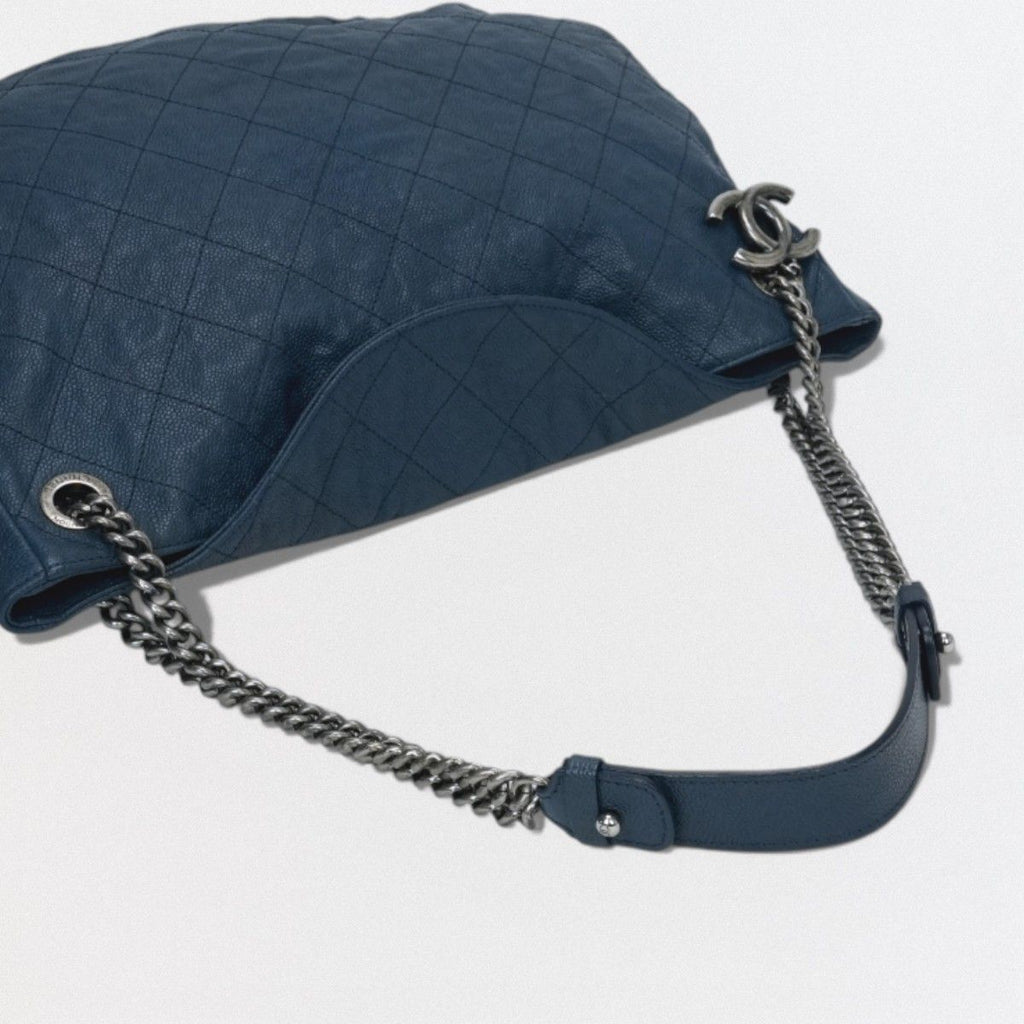 Chanel Wild Stitch Quilted Tote Caviar Leather Blue Gunmetal CC Logo Chain — view 4
