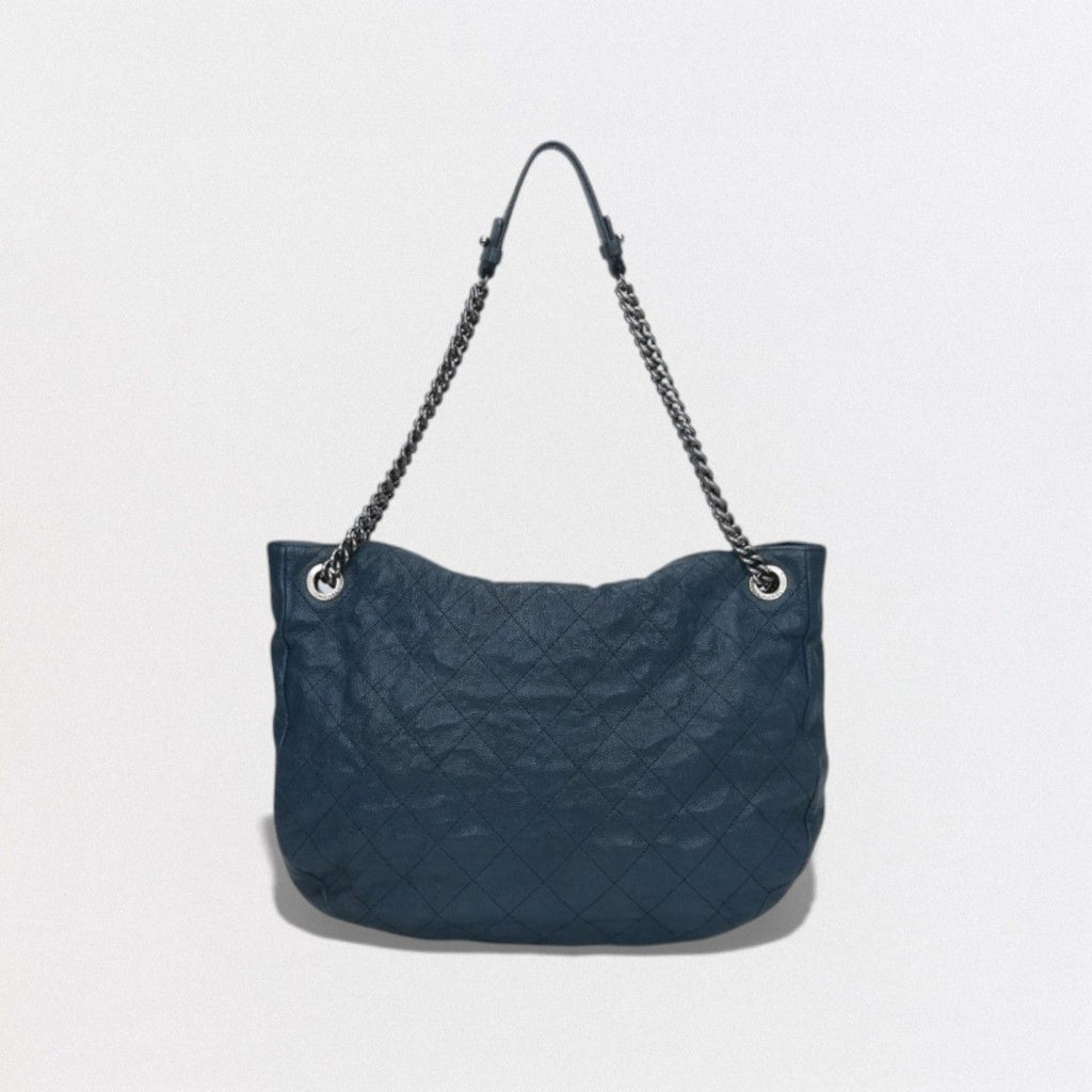 Chanel Wild Stitch Quilted Tote Caviar Leather Blue Gunmetal CC Logo Chain — view 3