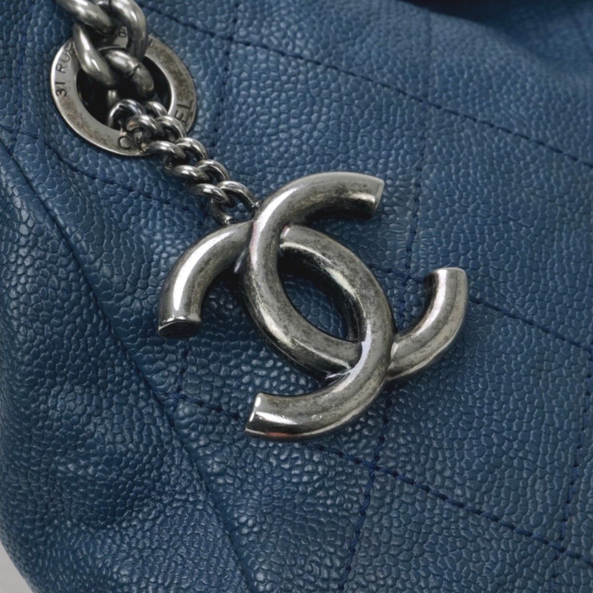 Chanel Wild Stitch Quilted Tote Caviar Leather Blue Gunmetal CC Logo Chain — view 7