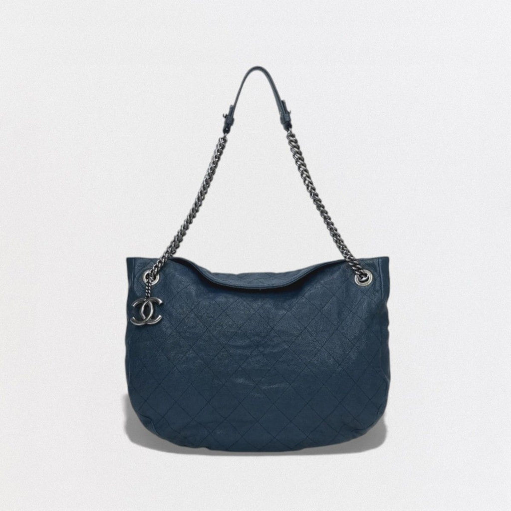 Chanel Wild Stitch Quilted Tote Caviar Leather Blue Gunmetal CC Logo Chain