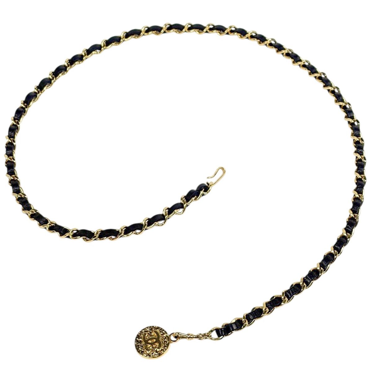 Chanel CC Logo Chain Belt Leather Gold Black