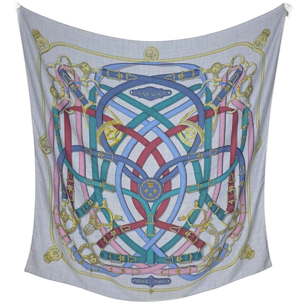 Hermes Carre 140 Cavalcadour Geant Shawl Cashmere Silk Blue Multicolor Scarf