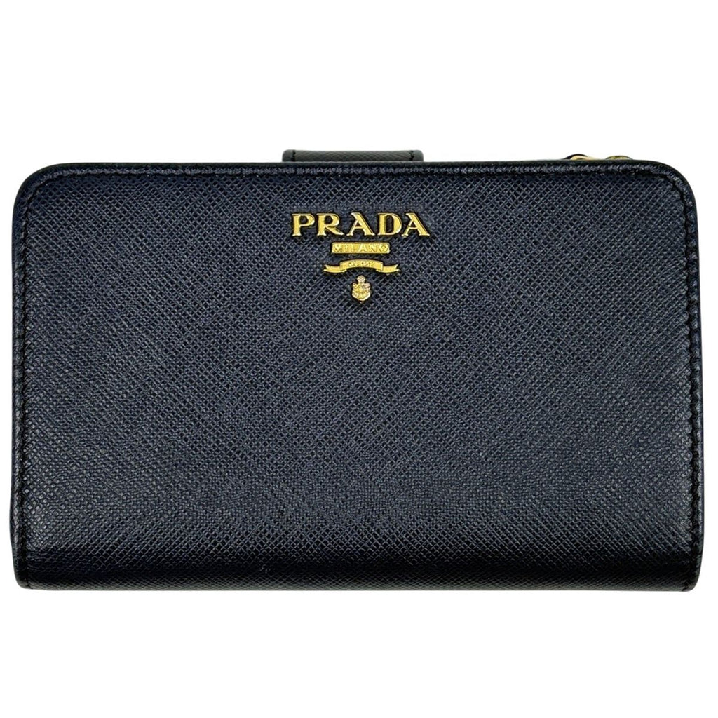 Prada Logo Bifold Wallet L-shaped Zipper Saffiano Leather Navy