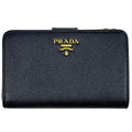 Prada Logo Bifold Wallet L-shaped Zipper Saffiano Leather Navy