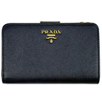 Prada Logo Bifold Wallet L-shaped Zipper Saffiano Leather Navy