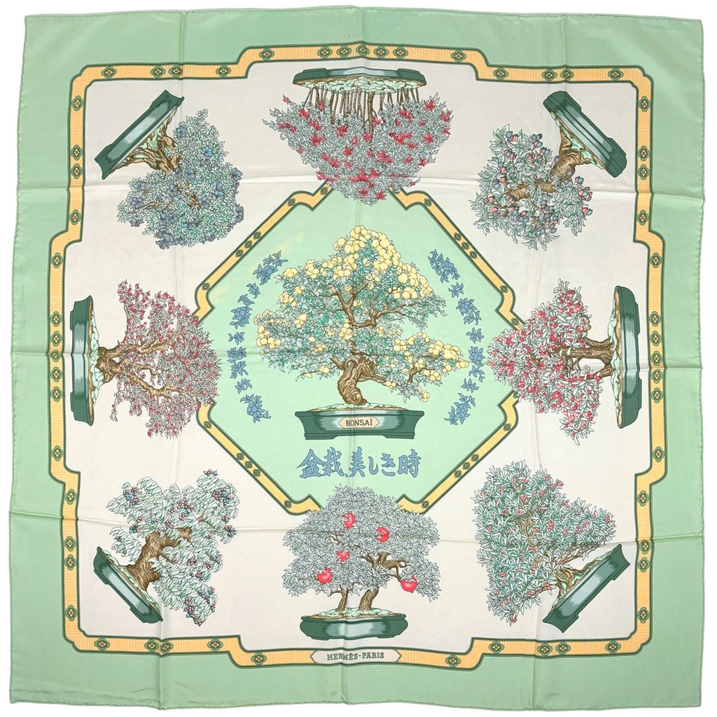 Hermes Carre 90 Bonsai Time Scarf Silk Green Multicolor