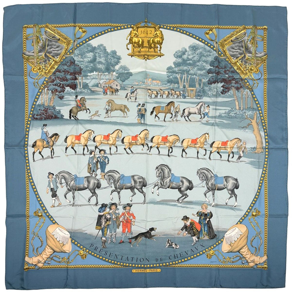 Hermes Carre 90 Presentation de Chevavx Horse Scarf Silk Blue Multicolor