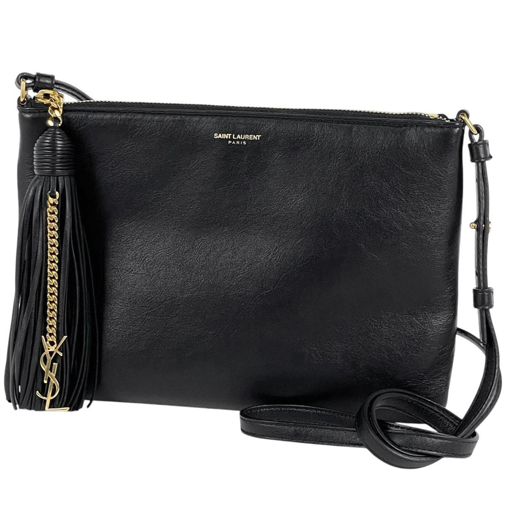 Saint Laurent Logo Shoulder Bag Fringe Leather Black