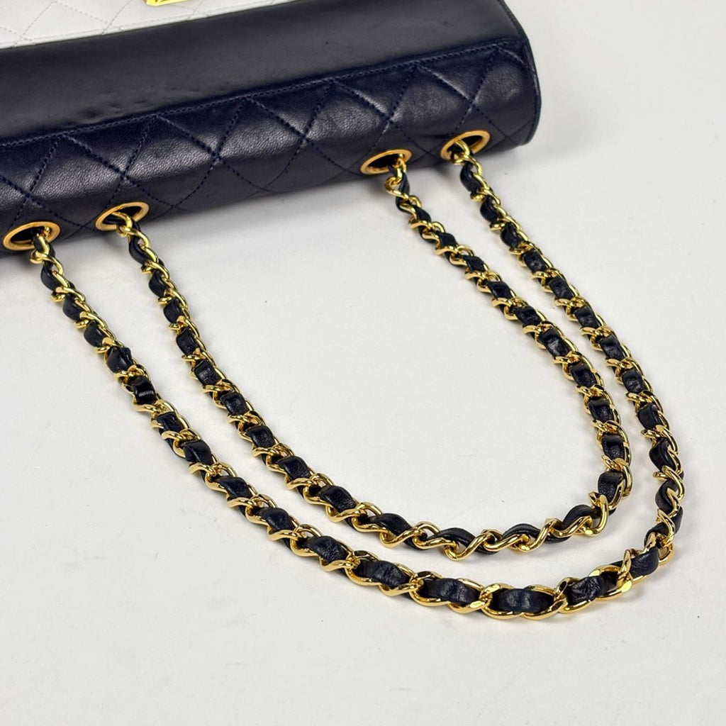 Chanel Logo Chain Shoulder Bag Quilted Leather Navy White — view 7
