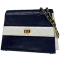 Chanel Logo Chain Shoulder Bag Quilted Leather Navy White