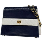 Chanel Logo Chain Shoulder Bag Quilted Leather Navy White