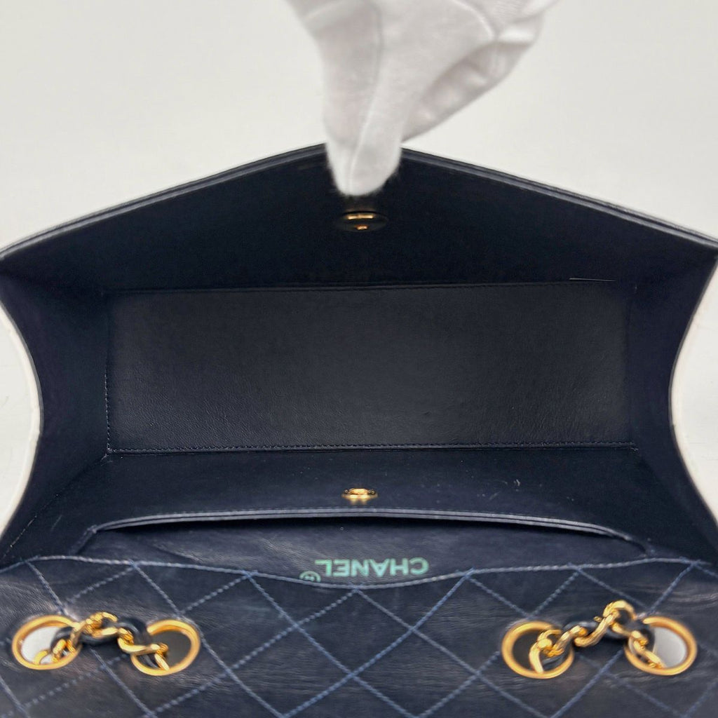 Chanel Logo Chain Shoulder Bag Quilted Leather Navy White — view 9
