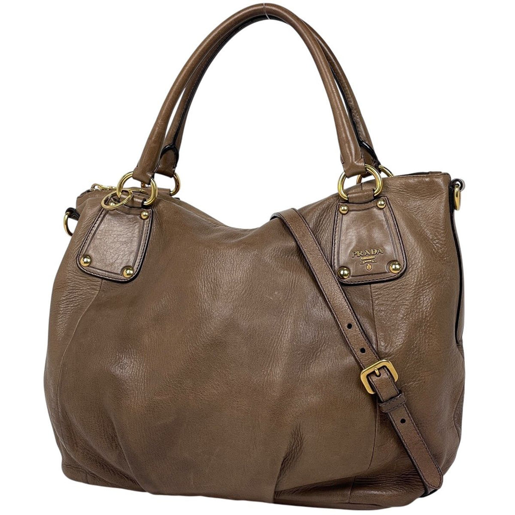 Prada Logo Handbag 2-Way Leather Brown