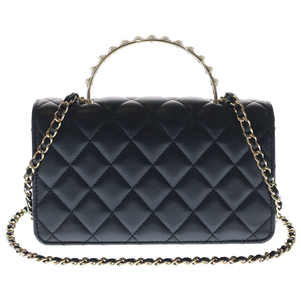 Chanel Quilted Coco Handle Chain Wallet Pearl Mini Shoulder Bag Black Lambskin — view 2